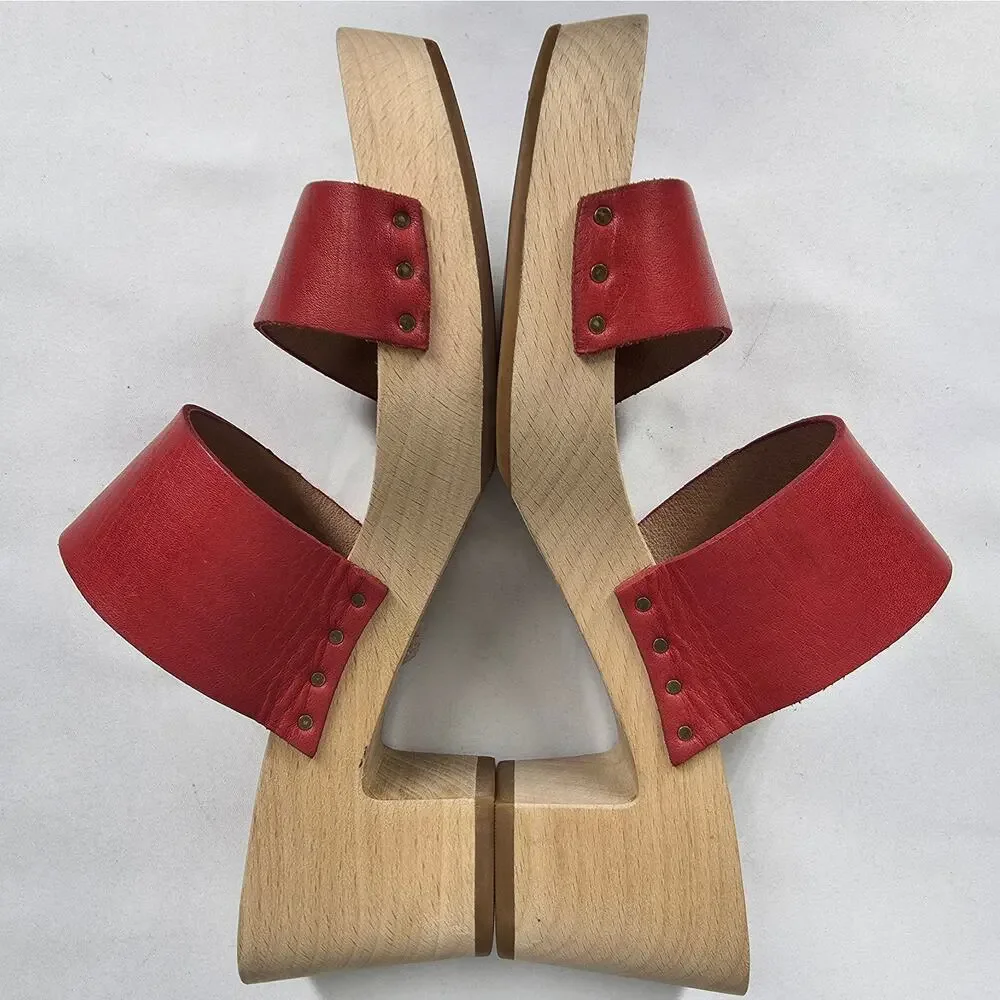 MADEWELL WOMEN'S CLARA RED LEATHER CLOG SANDALS – SIZE 7 – WOOD BLOCK HEELS